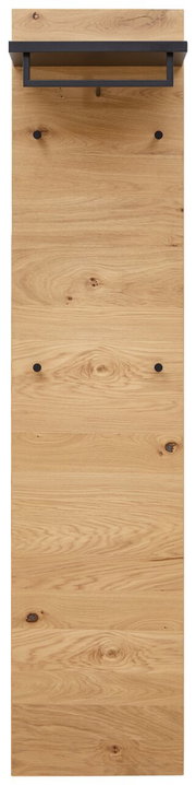 Garderobenpaneel schmal aus Holz mit schwarzer Ablage und Haken, Frontalansicht