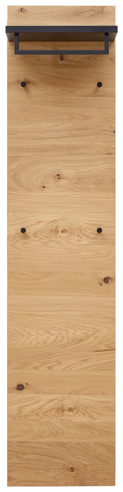 Garderobenpaneel schmal aus Holz mit schwarzer Ablage und Haken, Frontalansicht