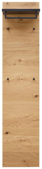 Garderobenpaneel schmal aus Holz mit schwarzer Ablage und Haken, Frontalansicht