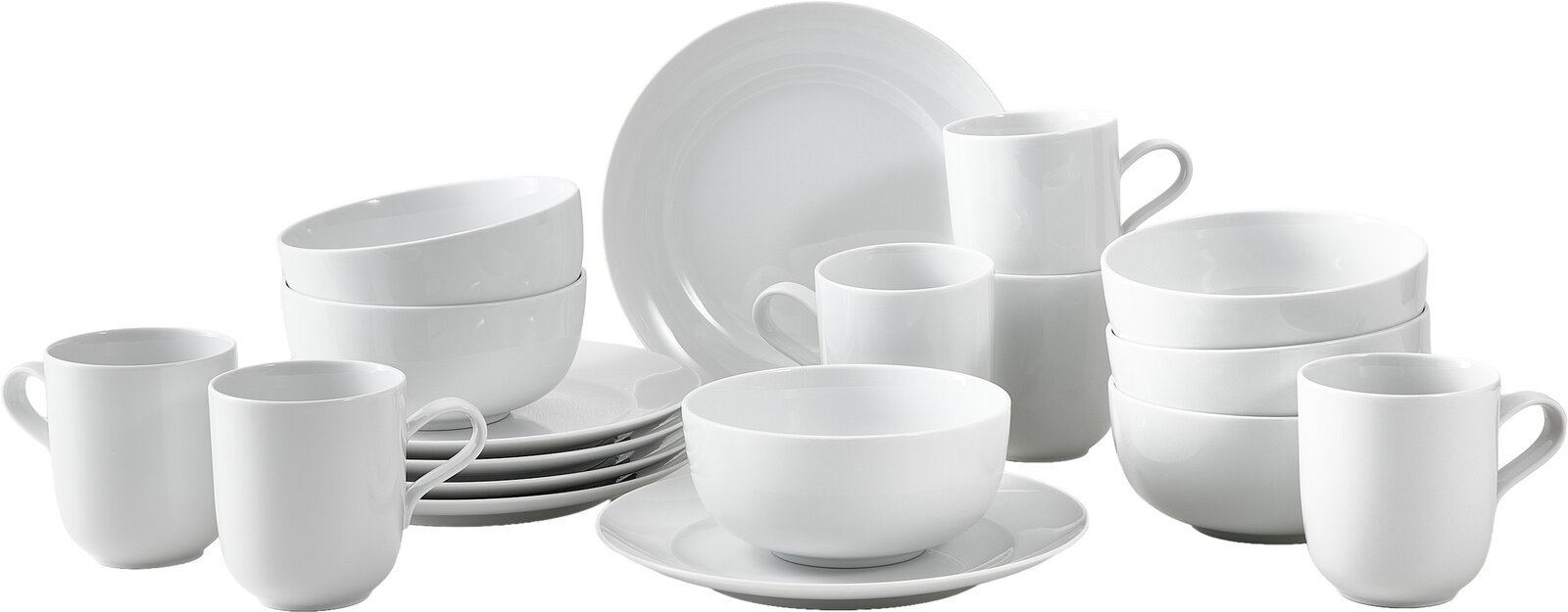 Seltmann Weiden Frühstücksset 18-tlg. LIBERTY DELUXE Weißes, schlichtes Porzellan-Geschirrset mit Tellern, Schalen und Tassen auf weißem Hintergrund, in frontaler leicht erhöhter Perspektive.