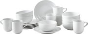 Weißes, schlichtes Porzellan-Geschirrset mit Tellern, Schalen und Tassen auf weißem Hintergrund, in frontaler leicht erhöhter Perspektive.