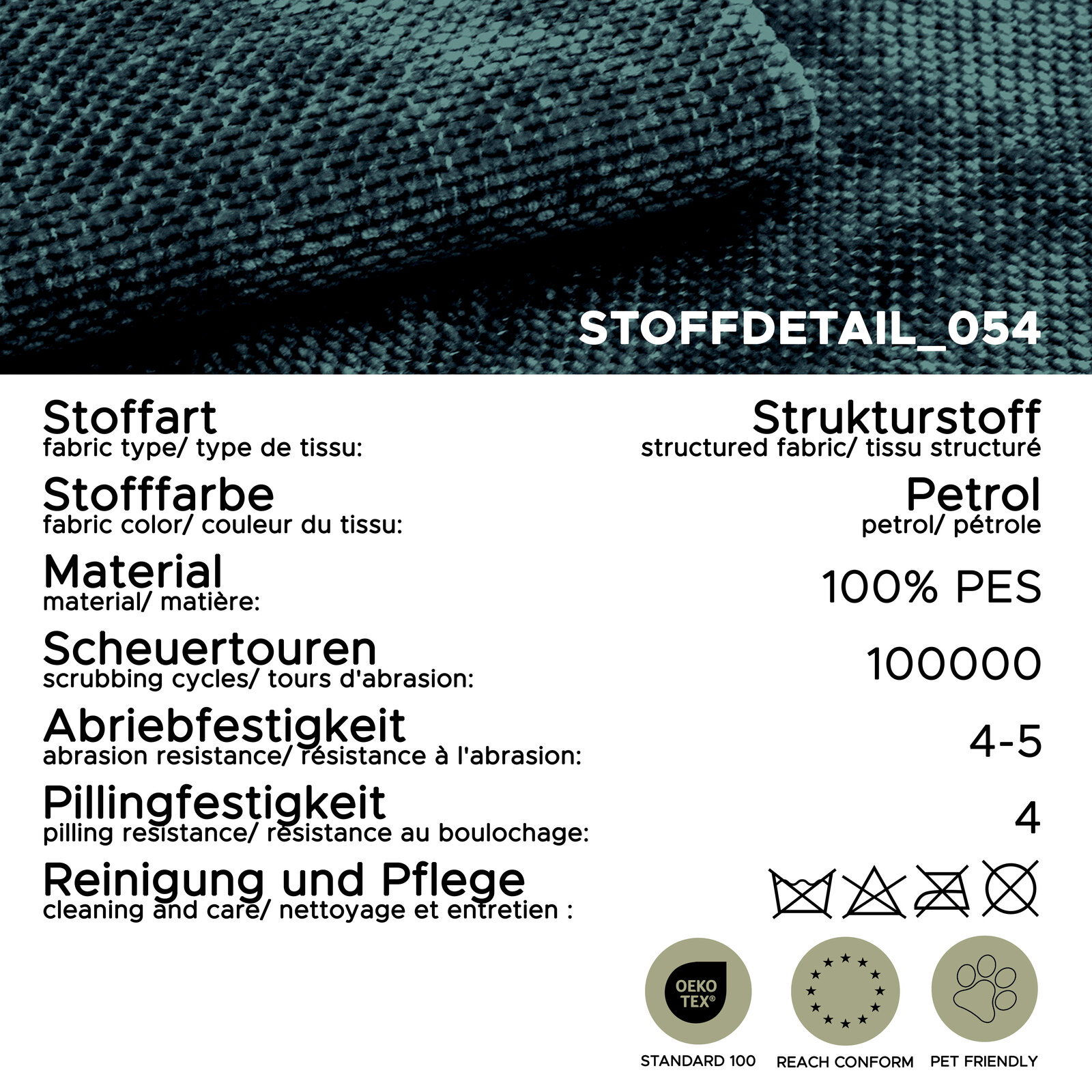 Nahaufnahme eines petrolfarbenen Strukturstoffs (100% PES) mit sichtbarer Webstruktur; Perspektive: Detailansicht von schräg oben, Stoffkante umgeschlagen, mit eingeblendeten Material- und Pflegeangaben (OEKO-TEX Standard 100, REACH konform, pet friendly)