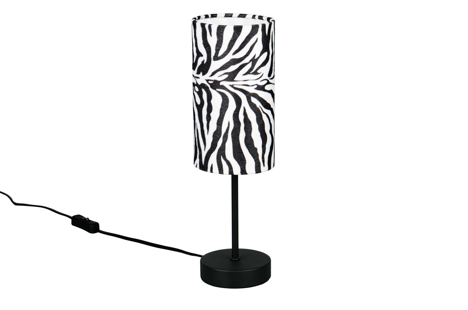 Zylindrische Tischleuchte mit Zebramuster, seitliche Perspektive