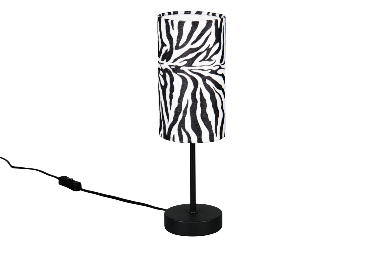 Zylindrische Tischleuchte mit Zebramuster, seitliche Perspektive