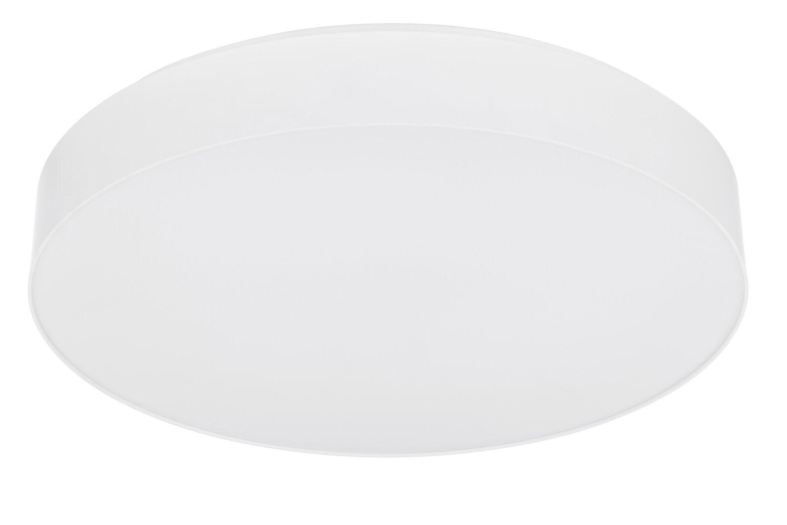 Witte, ovale plafondlamp met vlakke diffuser, gezien schuin van onderen (onderaanzicht) tegen witte achtergrond