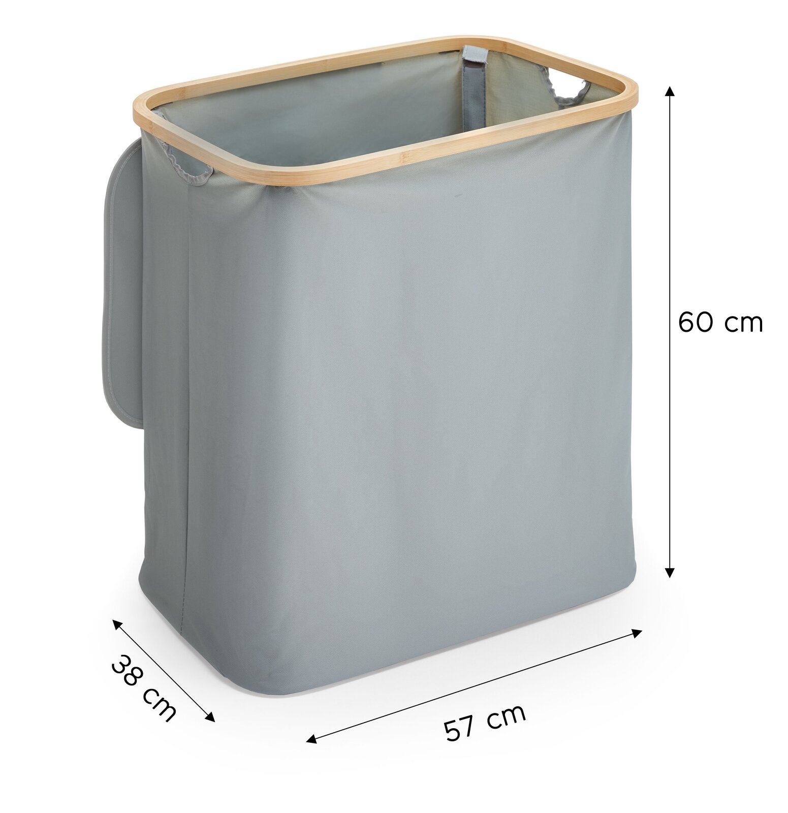 Grauer Wäschekorb/Wäschesammler aus Stoff mit Bambusrahmen und seitlichen Tragegriffen, Maße ca. 57 x 38 x 60 cm, freigestellt in schräger Frontansicht von oben.