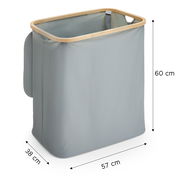 Grauer Wäschekorb/Wäschesammler aus Stoff mit Bambusrahmen und seitlichen Tragegriffen, Maße ca. 57 x 38 x 60 cm, freigestellt in schräger Frontansicht von oben.
