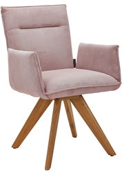 Rosa Armlehnstuhl mit Holzbeinen, Vorderansicht