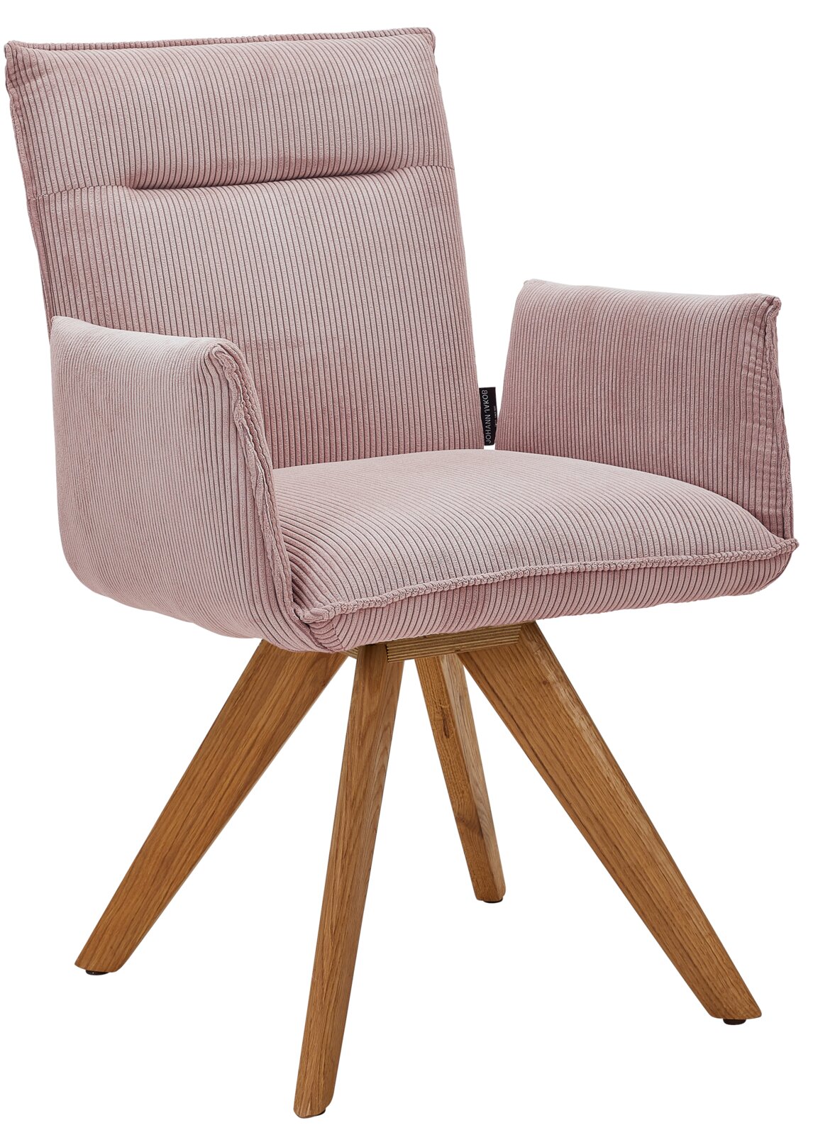 Rosa Armlehnstuhl mit Holzbeinen, Vorderansicht