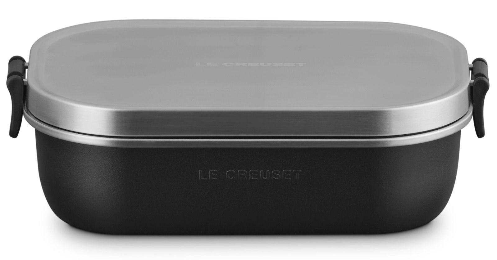 Schwarze Lunchbox mit mattem Finish und silbernem Deckel, frontal betrachtet