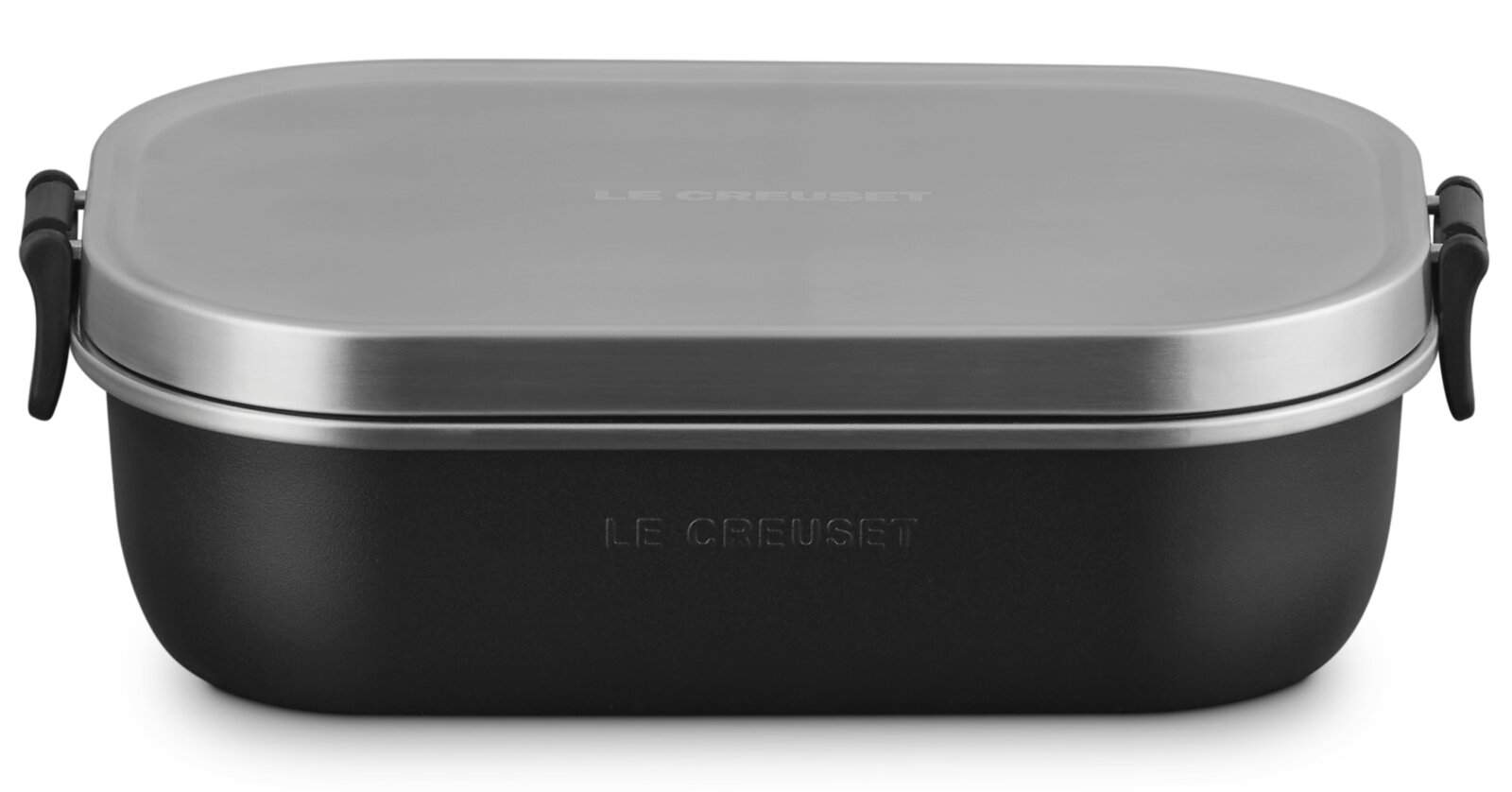 Schwarze Lunchbox mit mattem Finish und silbernem Deckel, frontal betrachtet