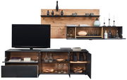 Moderne Wandkombination mit Holz- und Metallelementen, bestehend aus einem TV-Schrank und Regalen, frontal betrachtet.