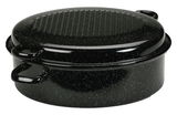 Schwarzer ovaler Bräter mit Deckel, seitliche Perspektive