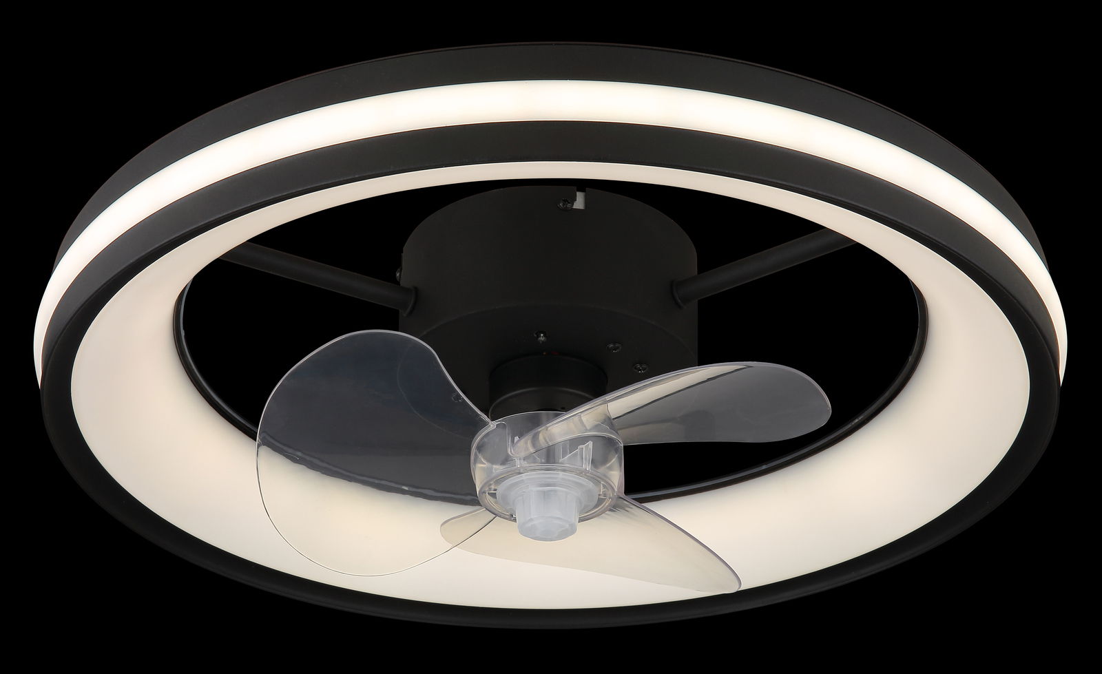 Moderner Deckenventilator mit LED-Beleuchtung, seitliche Perspektive