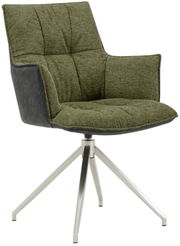 Moderner Sessel mit olivgrünem Stoffbezug und schwarzer Rückseite, auf einem silbernen Metallgestell mit vier Beinen, seitliche Perspektive.