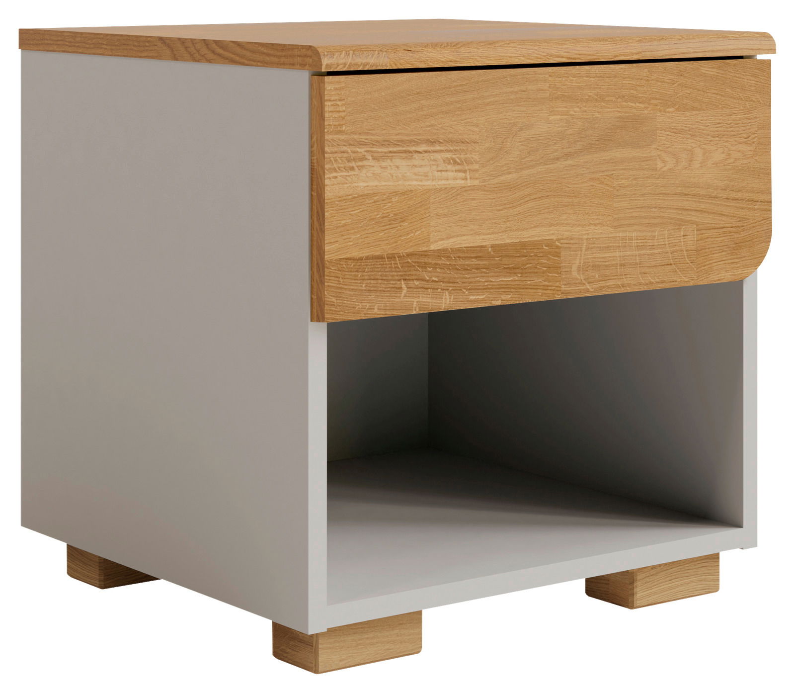 Cantus Nachtkonsole rechts COOL Nachtkonsole aus Holz mit einer Schublade und offenem Fach, Perspektive von vorne links