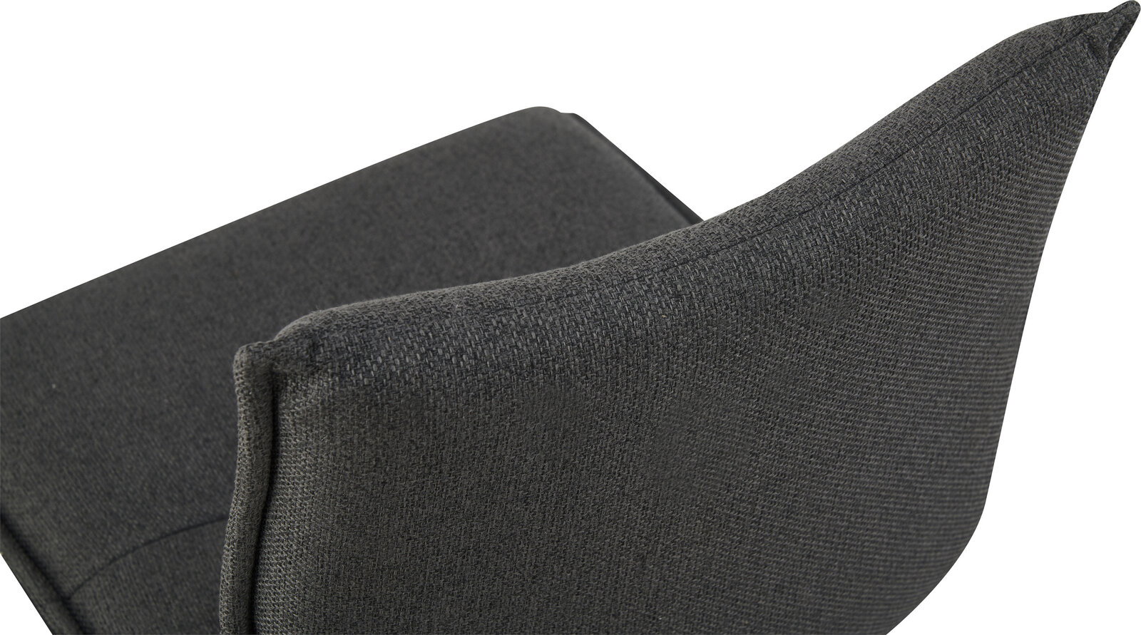 Detailaufnahme eines dunkelgrauen, stoffbezogenen Polsterstuhls mit geschwungener Rückenlehne, schräg von hinten/seitlich fotografiert.