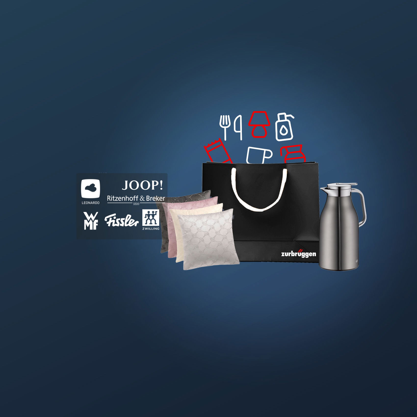Schwarze Einkaufstasche mit Kissen, Isolierkanne und Markenlogos auf blauem Hintergrund, Symbolik für Wohnen & Genuss
