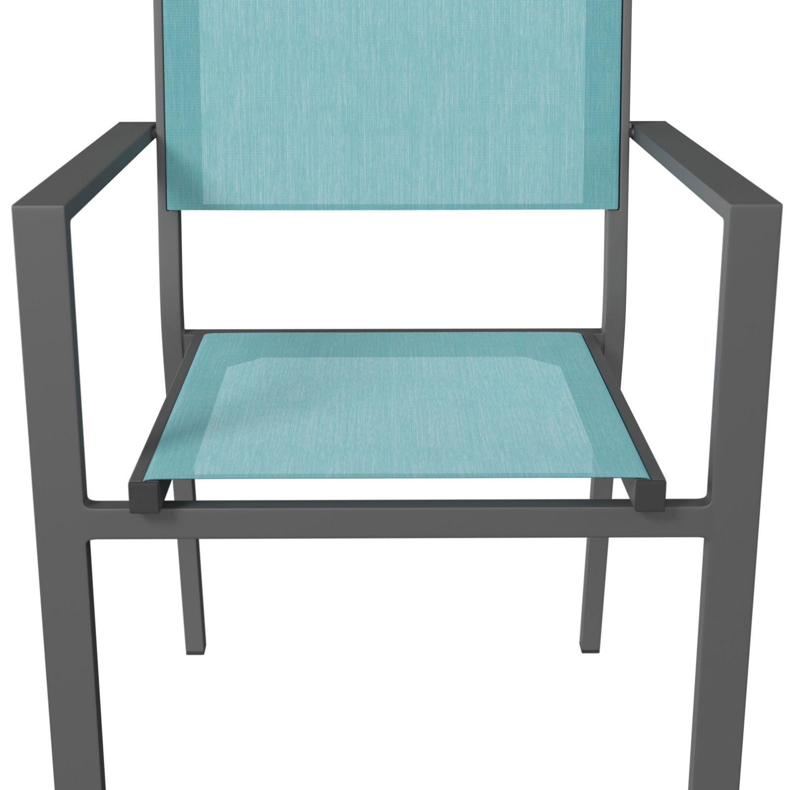 Moderner Stapelsessel mit türkisfarbenem Sitz und Rückenlehne, aus der Frontalperspektive.