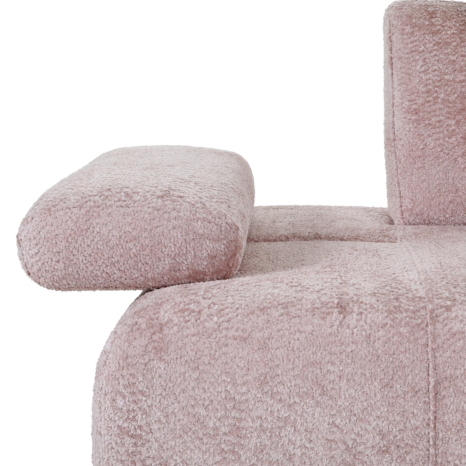 Nahaufnahme eines rosa Sofas mit weicher, texturierter Oberfläche und Armlehne, seitliche Perspektive