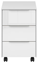 Weißer Rollcontainer mit drei Schubladen, frontal abgebildet, auf Rollen.