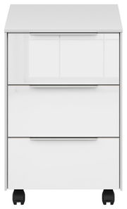Weißer Rollcontainer mit drei Schubladen, frontal abgebildet, auf Rollen.