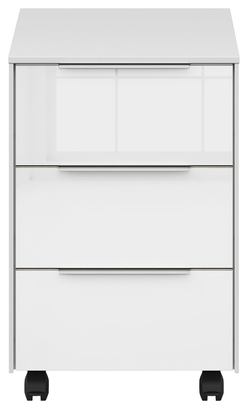 Weißer Rollcontainer mit drei Schubladen, frontal abgebildet, auf Rollen.