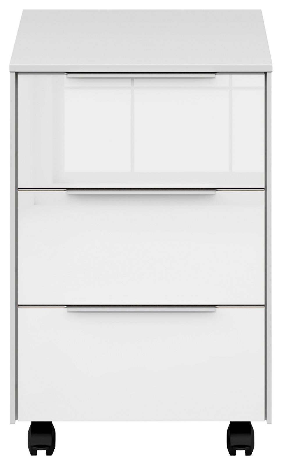 Weißer Rollcontainer mit drei Schubladen, frontal abgebildet, auf Rollen.