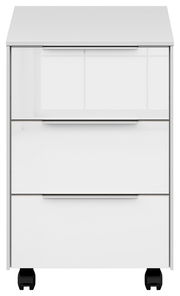 Weißer Rollcontainer mit drei Schubladen, frontal abgebildet, auf Rollen.