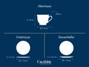 Grafische Maßübersicht eines Porzellan-Gedecks: Obertasse 250 ml (H 8 cm, Ø 9 cm) in Seitenansicht, Untertasse (H 2 cm, Ø 16 cm) und Dessertteller (H 2,5 cm, Ø 19 cm) in Draufsicht und Seitenansicht auf blauem Hintergrund.