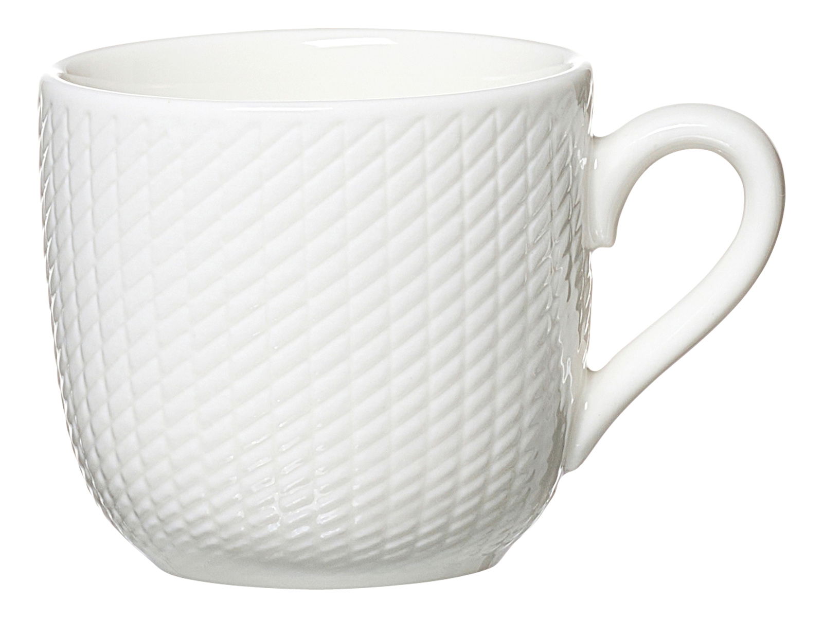 Weiße Espressotasse mit strukturiertem Muster, seitliche Perspektive