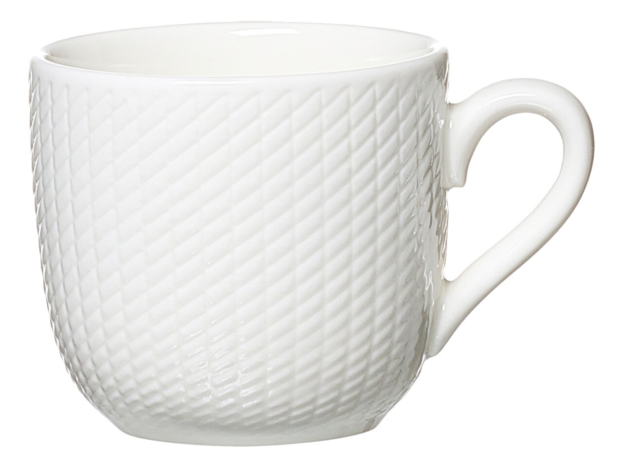 Weiße Espressotasse mit strukturiertem Muster, seitliche Perspektive