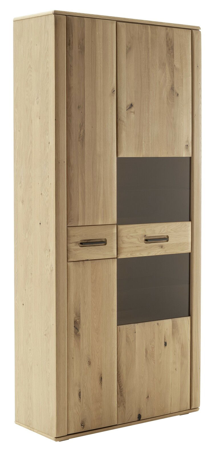 Holz-Kombivitrine mit zwei Türen und zwei Schubladen, seitliche Perspektive