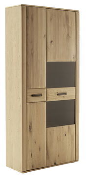 Holz-Kombivitrine mit zwei Türen und zwei Schubladen, seitliche Perspektive