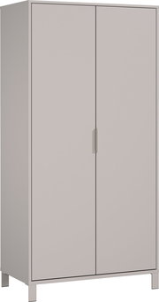 Moderner, grauer Kleiderschrank mit zwei Türen, frontal abgebildet.