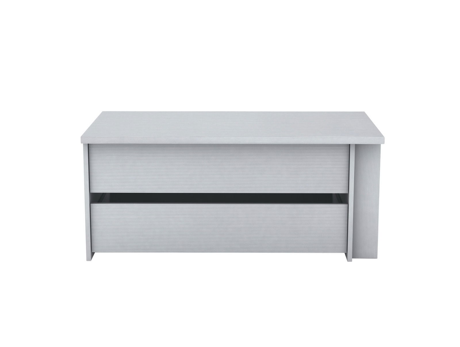 Schubkasteneinsatz in grauer Holzoptik, frontal betrachtet mit zwei Schubladen, von denen eine leicht geöffnet ist.