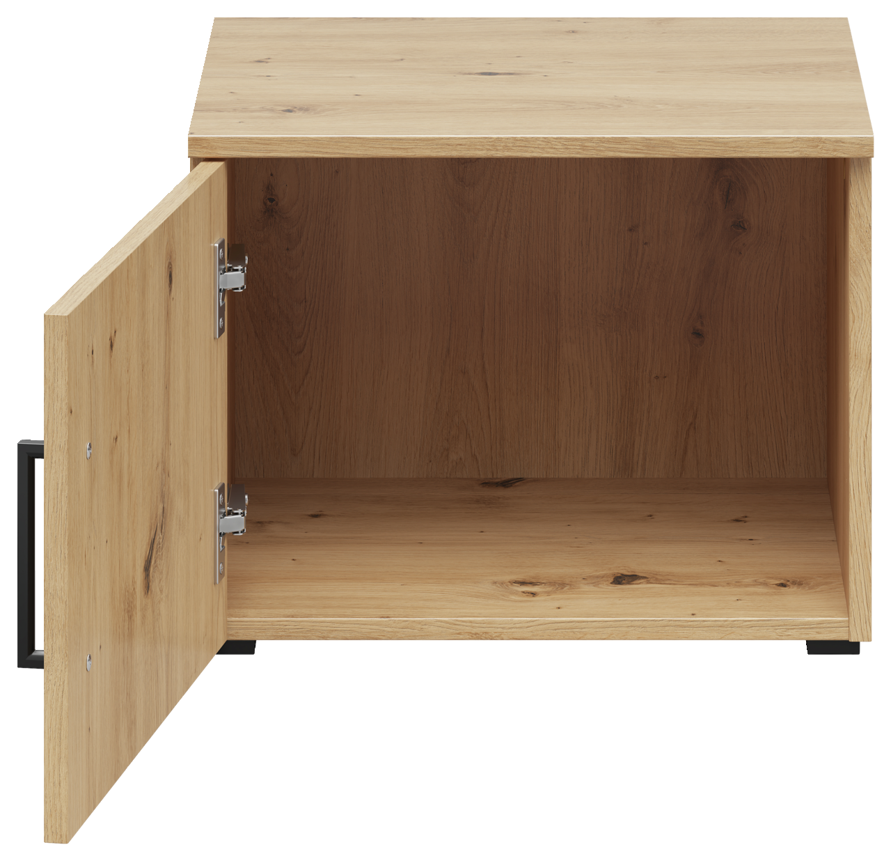 Offener Aufsatzschrank aus Holz mit einer Tür, die nach links geöffnet ist, Frontansicht