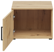 Offener Aufsatzschrank aus Holz mit einer Tür, die nach links geöffnet ist, Frontansicht