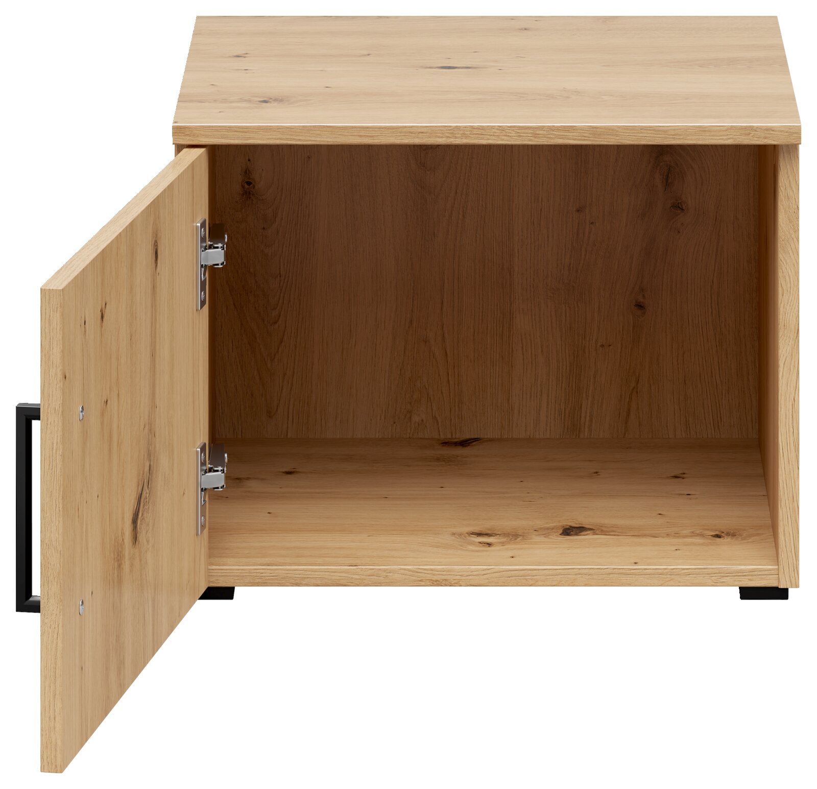 Offener Aufsatzschrank aus Holz mit einer Tür, die nach links geöffnet ist, Frontansicht