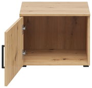 Offener Aufsatzschrank aus Holz mit einer Tür, die nach links geöffnet ist, Frontansicht