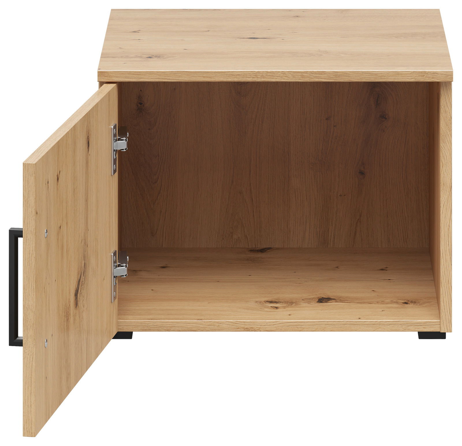 Offener Aufsatzschrank aus Holz mit einer Tür, die nach links geöffnet ist, Frontansicht