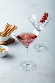 Twee elegante martiniglazen met ijs, één gevuld met roze cocktail en één helder met rode bessen als garnering, gefotografeerd in een lichte setting vanuit een licht schuin bovenaanzicht (driekwartperspectief).