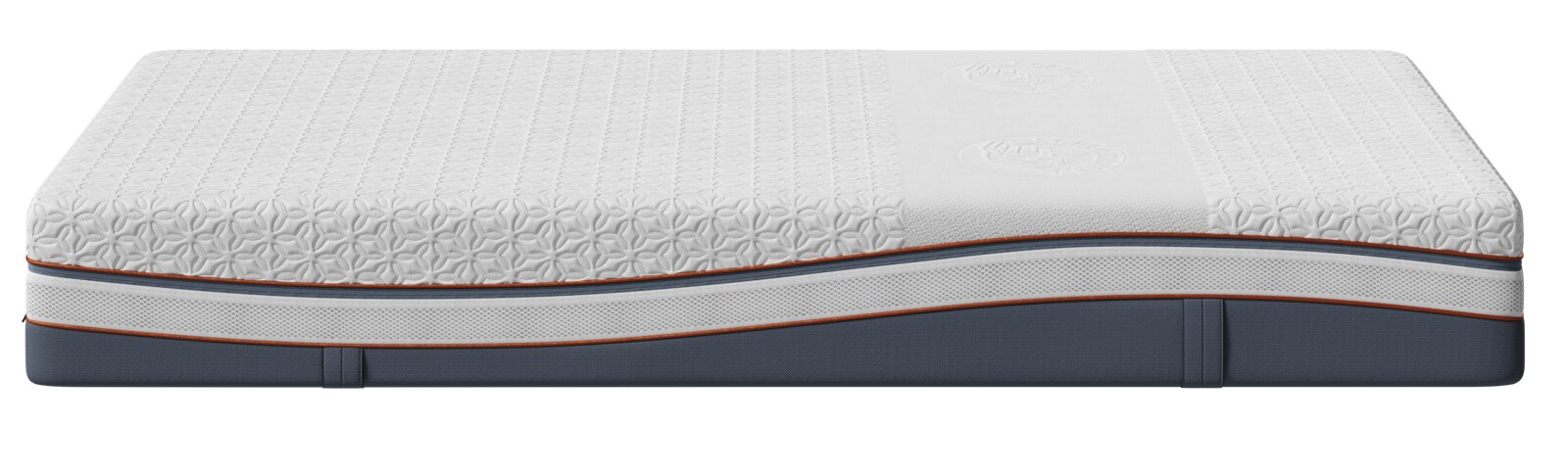 Modern wit matras met bloemreliëf, ademende zijpanelen, oranje biezen en donkergrijze onderzijde, schuin van voren afgebeeld.