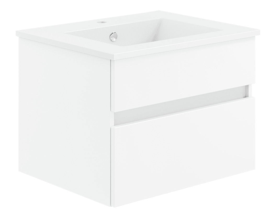 Weiße Badkombination mit Waschbecken, zwei Schubladen, seitliche Perspektive