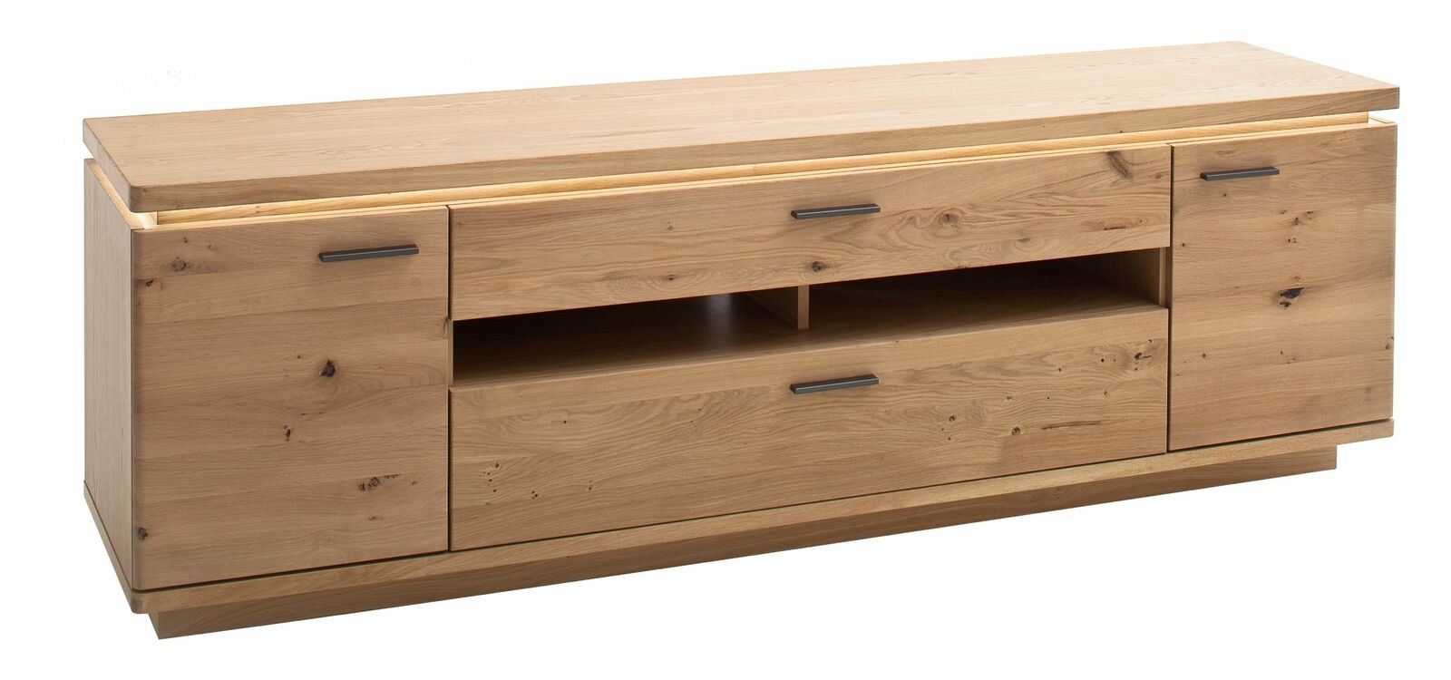 TV-Element aus Holz mit Schubladen und offenen Fächern, seitliche Perspektive