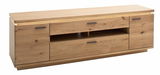 TV-Element aus Holz mit Schubladen und offenen Fächern, seitliche Perspektive