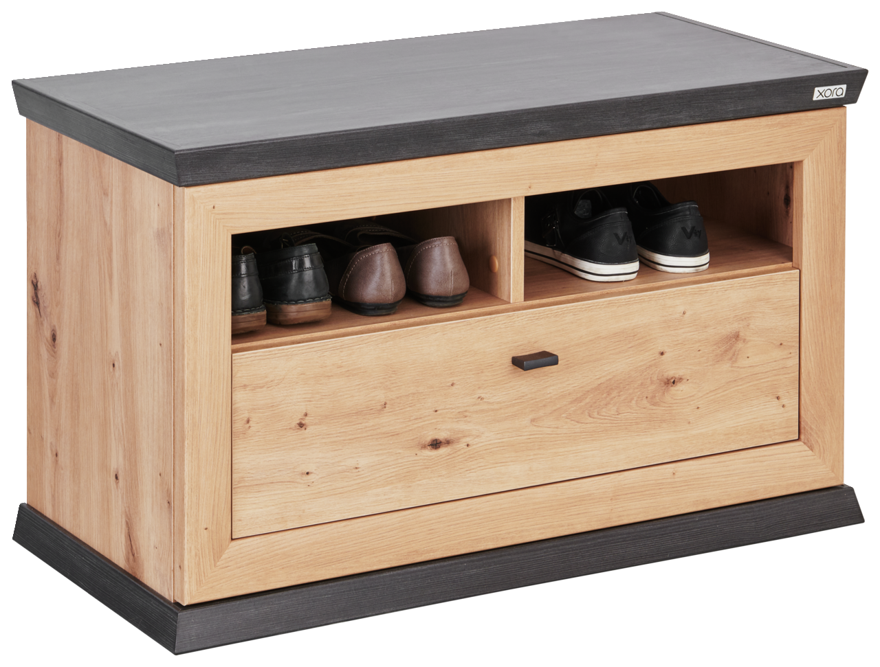 Holzbank mit Stauraum, seitliche Perspektive, zwei offene Fächer mit Schuhen und eine Schublade