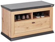 Holzbank mit Stauraum, seitliche Perspektive, zwei offene Fächer mit Schuhen und eine Schublade