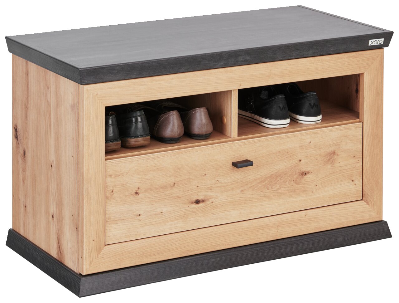 Holzbank mit Stauraum, seitliche Perspektive, zwei offene Fächer mit Schuhen und eine Schublade