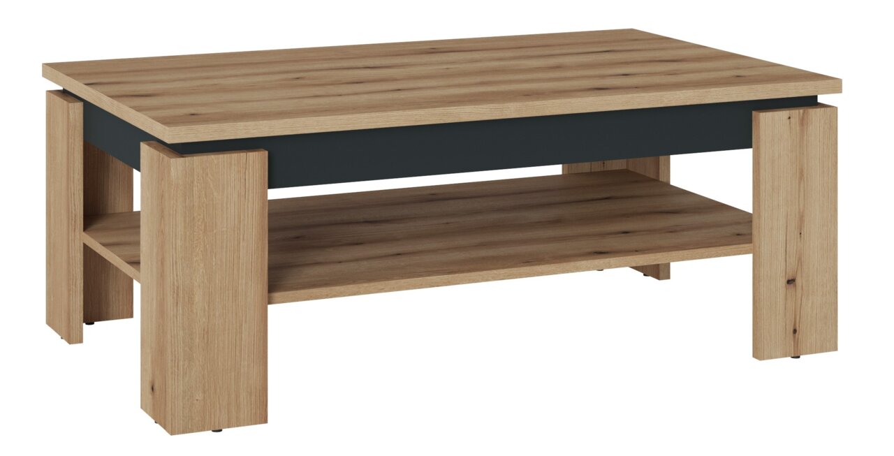 Moderner Couchtisch aus Holz mit zusätzlicher Ablagefläche, seitliche Perspektive